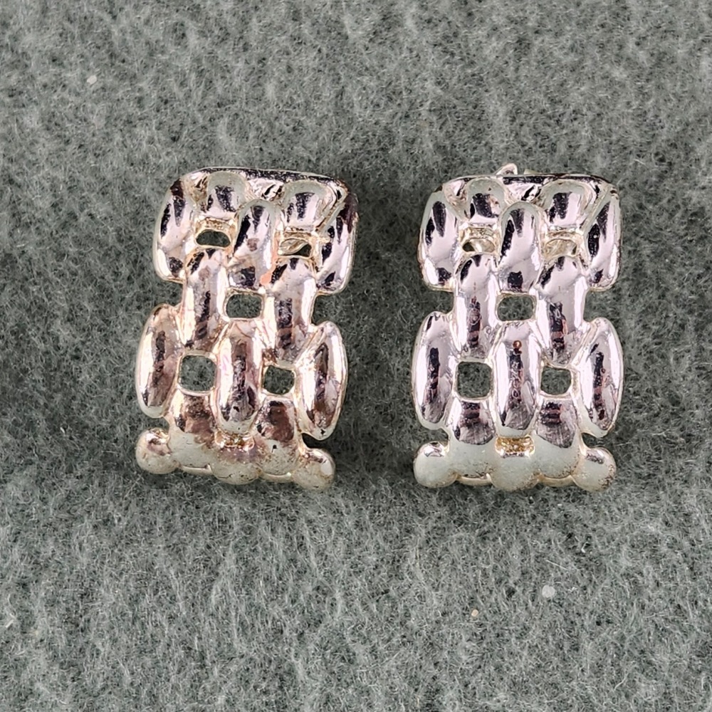 Vintage Signed Avon Silver Tone Hoop Earrings Basketweave Openwork